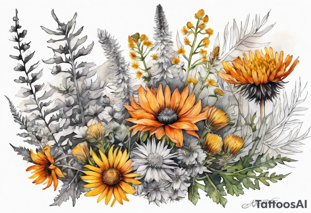 cascading mixed wildflowers with thistles, ferns, burnt orange white and yello flowers all in watercolor tattoo idea