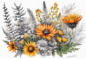 cascading mixed wildflowers with thistles, ferns, burnt orange white and yello flowers all in watercolor tattoo idea