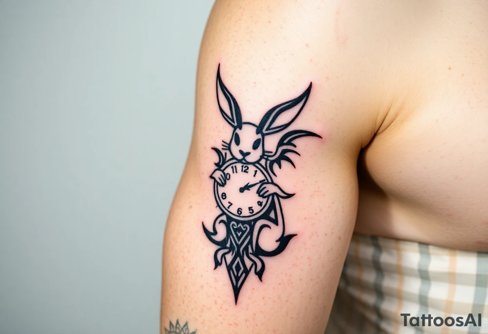 Tribal Rabbit holding a Clock tattoo idea