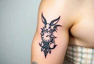 Tribal Rabbit holding a Clock tattoo idea