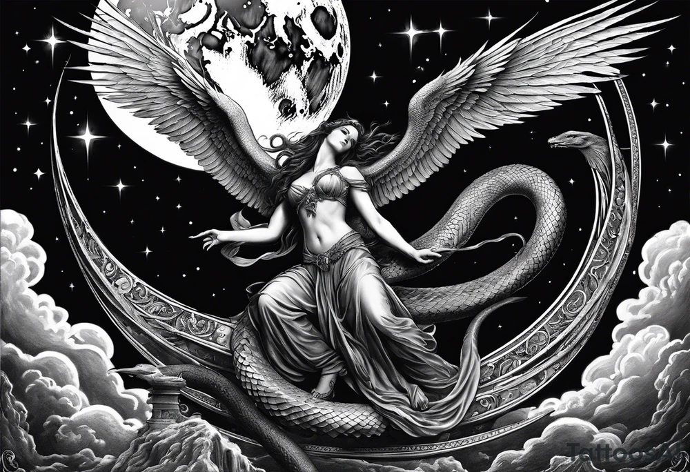 Lucifer (half angel and half snake) wraps the moon in the sky tattoo idea