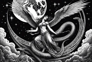 Lucifer (half angel and half snake) wraps the moon in the sky tattoo idea
