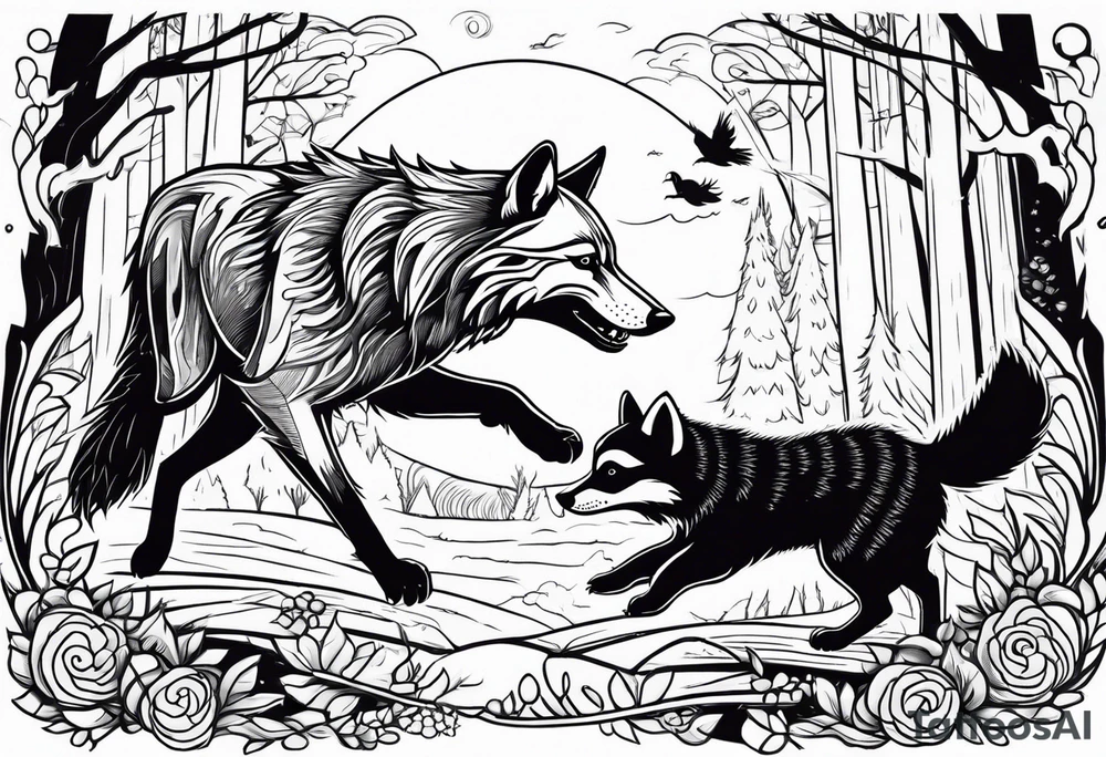 A Wolf and a raccoon are fighting
A crow ist watching them
Background Woods tattoo idea