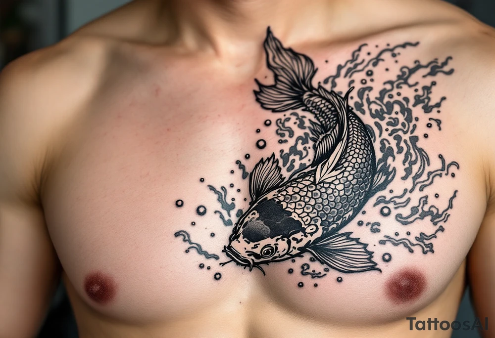 traditional koi fish swimming upstream through turbulent waves tattoo idea