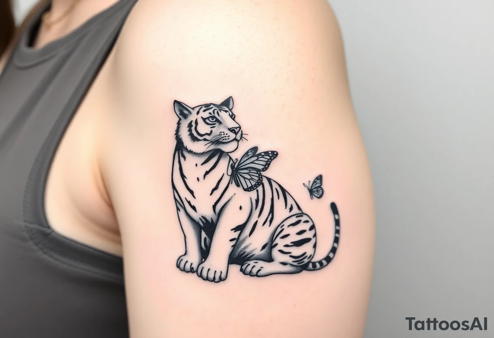 Tiger sitting down with paw up and on the paw is sitting a butterfly and there’s two butterflies on each side tattoo idea