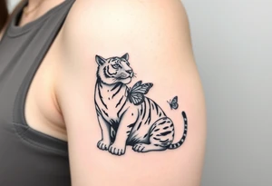 Tiger sitting down with paw up and on the paw is sitting a butterfly and there’s two butterflies on each side tattoo idea
