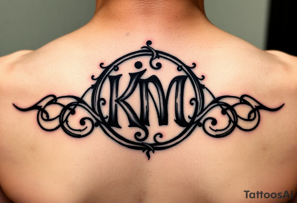 letters only fancy but rugged twisted and intertwined circular arched curvy lettering (KM ) almost like the the roca wear symbol clothing brand trademark tattoo idea