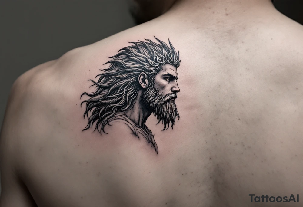young poseidon, with trident, looking at the horizon tattoo idea