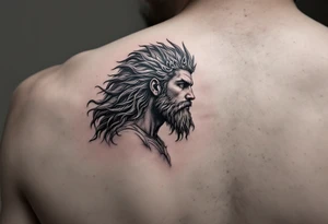 young poseidon, with trident, looking at the horizon tattoo idea