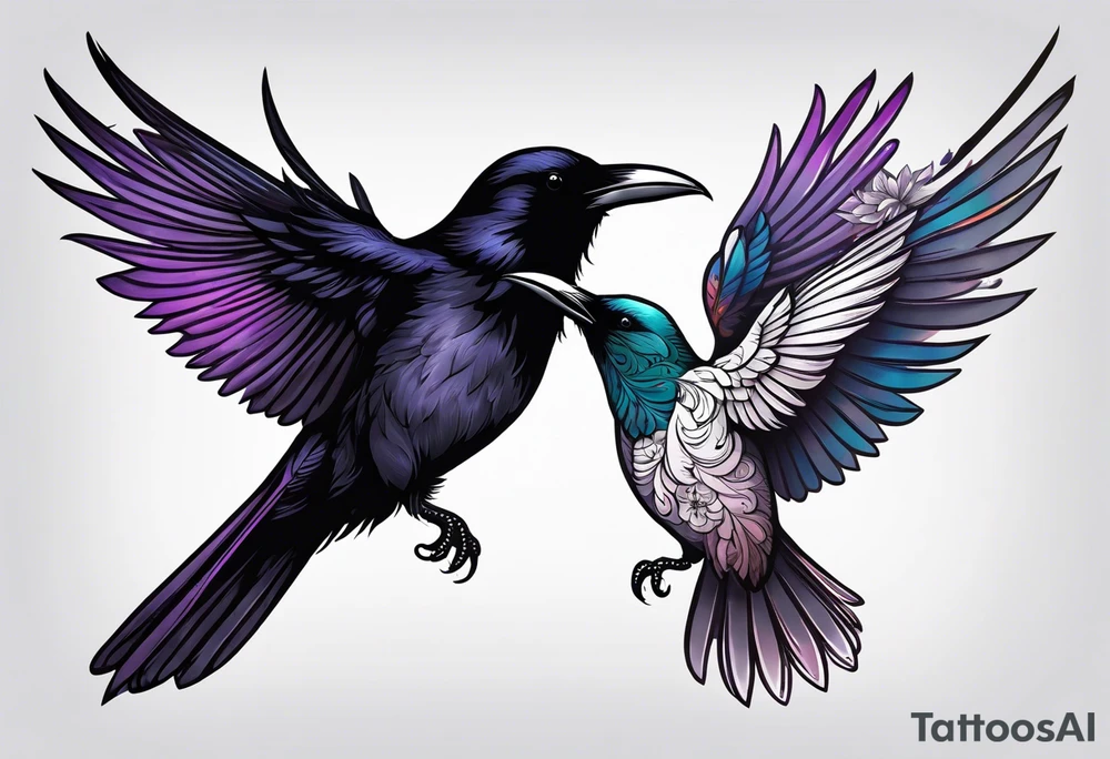 raven above a hummingbird with the raven facing right and the hummingbird facing left tattoo idea