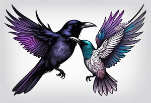 raven above a hummingbird with the raven facing right and the hummingbird facing left tattoo idea