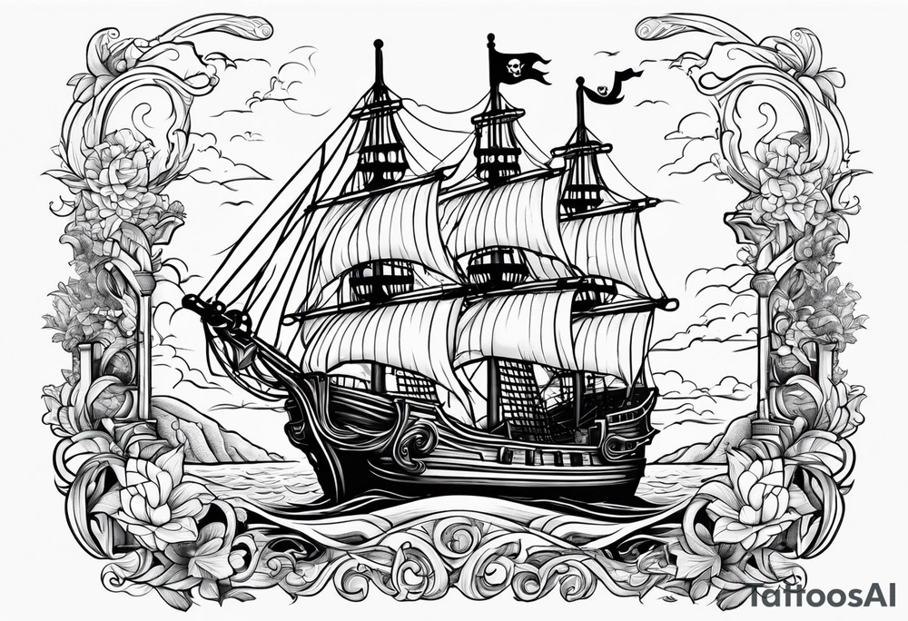 Pirate ship win water with castle next to it tattoo idea