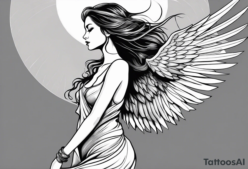 angel woman with big wings full body flying on the sky looking right side we can see right profile tattoo idea