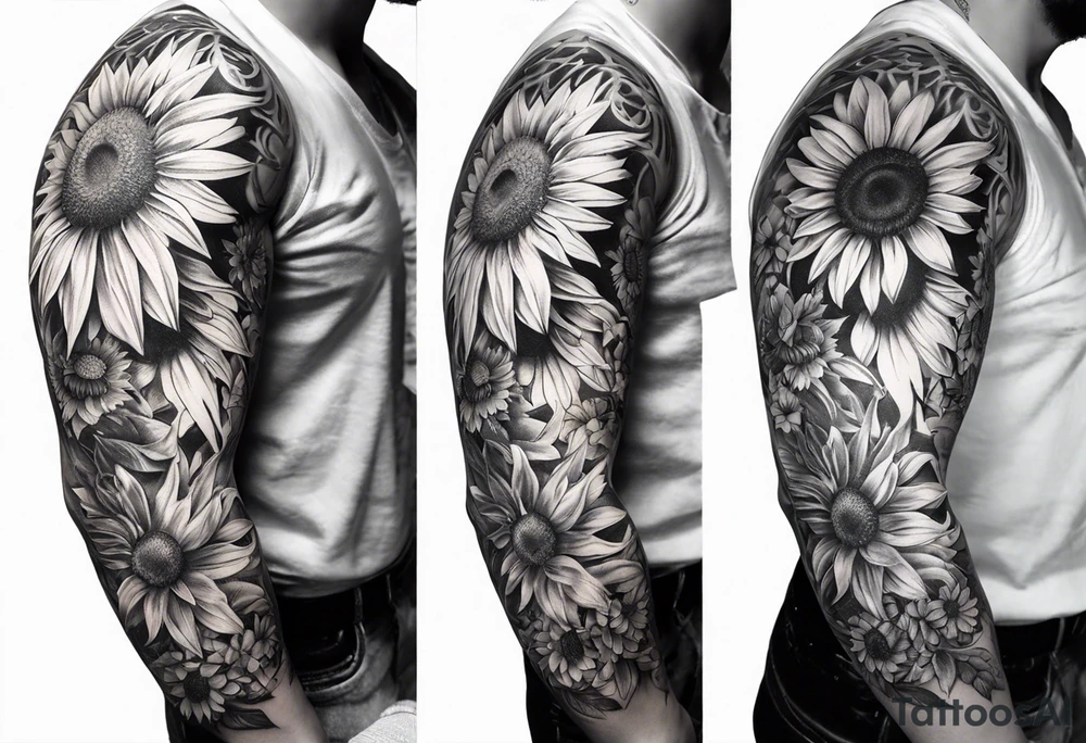 Sleeve with angel wings, sunflower and butterfly tattoo idea