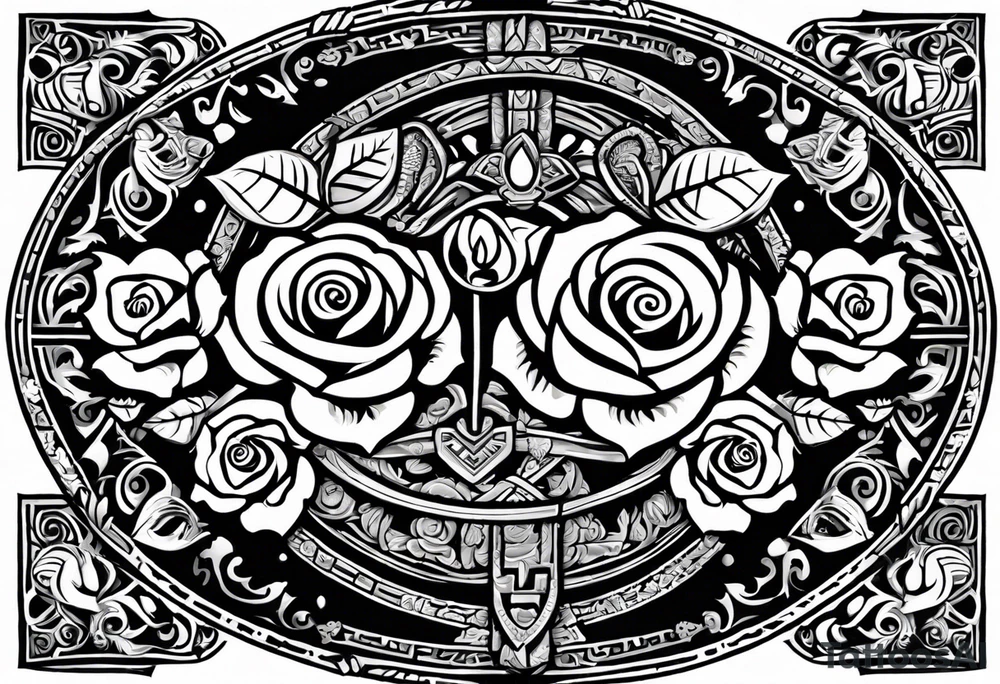 Design a masculine tattoo depicting three delicate rose buds being embraced and protected by 
Aztec weapons. The weapons should include elements such as the macuahuitl (Aztec sword-club), obsidian blades, and Mayan calendar, arranged in a way that forms a protective circle or embrace around the roses. Carve the entire image as if it were a stone sculpture by an ancient Aztec artist, with the texture resembling intricately detailed stone carvings. The roses should be slightly softer but still stylized in stone, giving the entire tattoo a powerful, yet artistic and ancient feel. Use bold, sharp lines to capture the essence of Aztec craftsmanship tattoo idea
