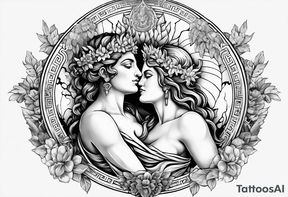 The greek gods Clio and Dionysos with their recognisable attributes tattoo idea