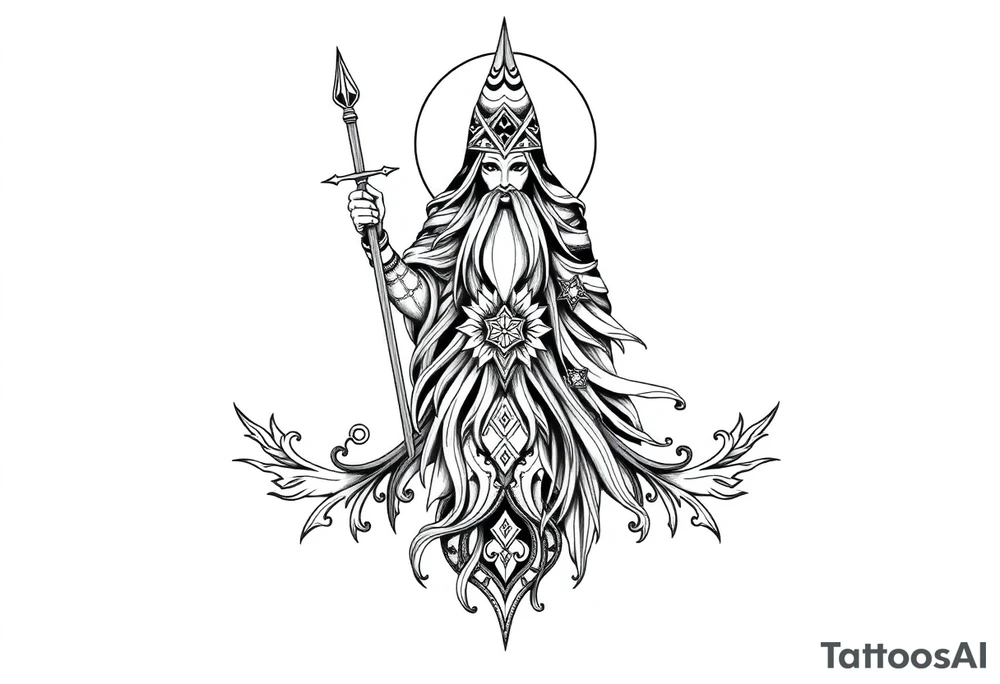 long shaman and witch abstracstyle mytical with ancient rhyme tattoo idea