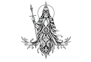 long shaman and witch abstracstyle mytical with ancient rhyme tattoo idea