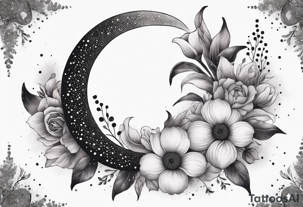 Crescent moon with a heart inside, shrouded by beautiful flowers with wisps of mist tattoo idea