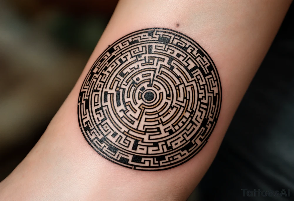 A circular tribal maze in dark brown and beige, inspired by Hopi labyrinth designs. tattoo idea