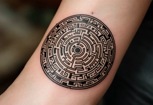 A circular tribal maze in dark brown and beige, inspired by Hopi labyrinth designs. tattoo idea