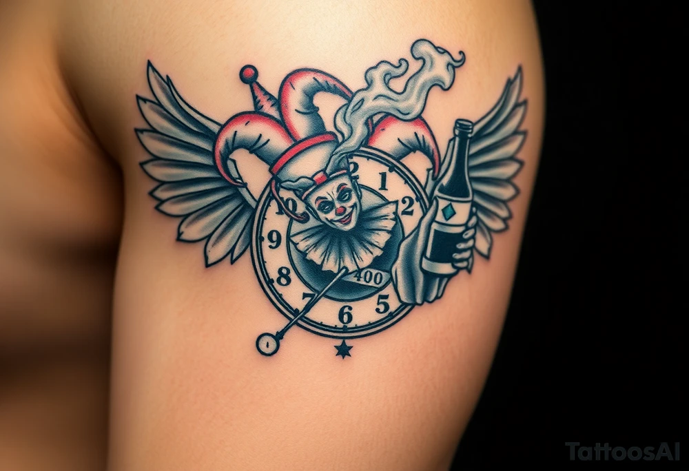 a jester clown floating in smoke with a  clock, the time says 420,  with two open wings besides the clock, smoke as the spring rising from the clock, a jester clown coming out the smoke, smoking in one hand with a liquor bottle on the other hand tattoo idea