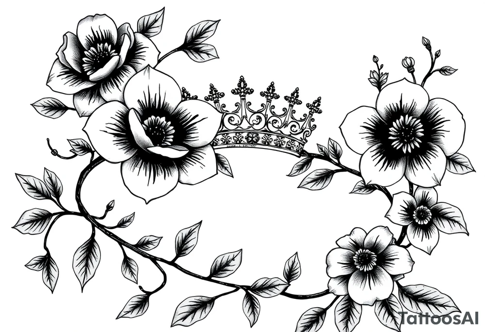 detailed beautiful gothic boho flowers on vine with gorgeous crown ornamental tattoo idea