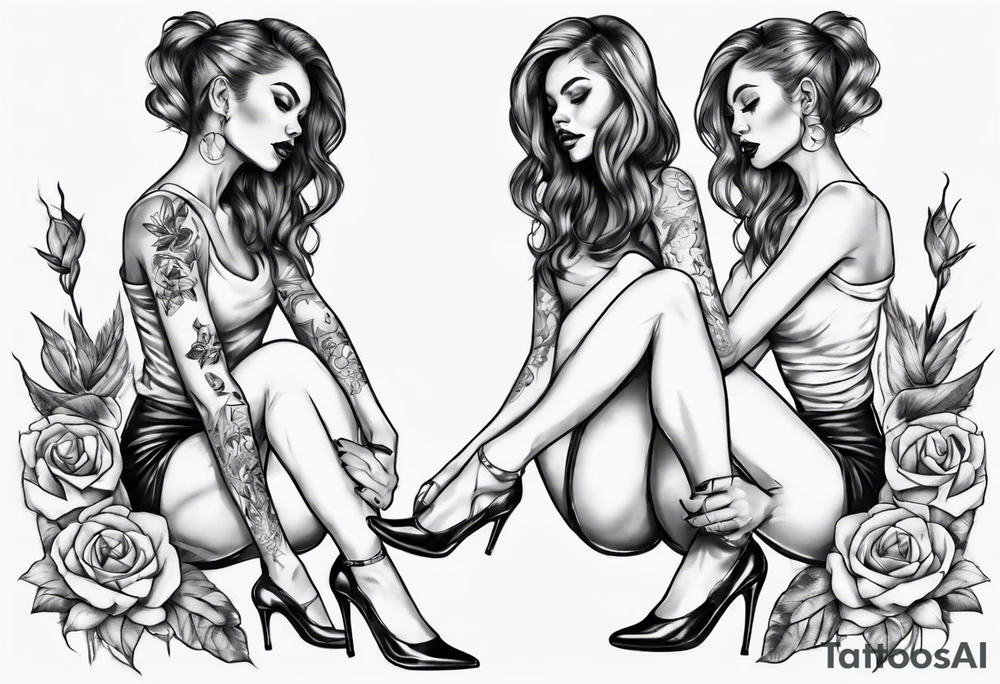 A girl in heels sits on the floor with two legs wide open tattoo idea