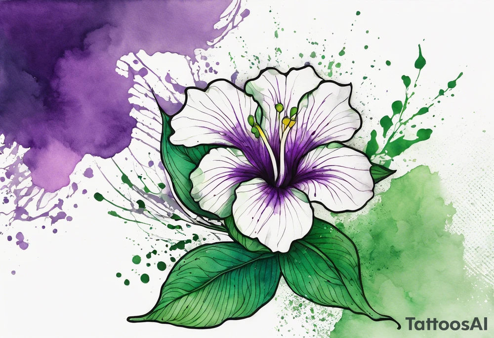 An outline of an only green rio dipladenia flower and a green and purple watercolor splash in the background tattoo idea