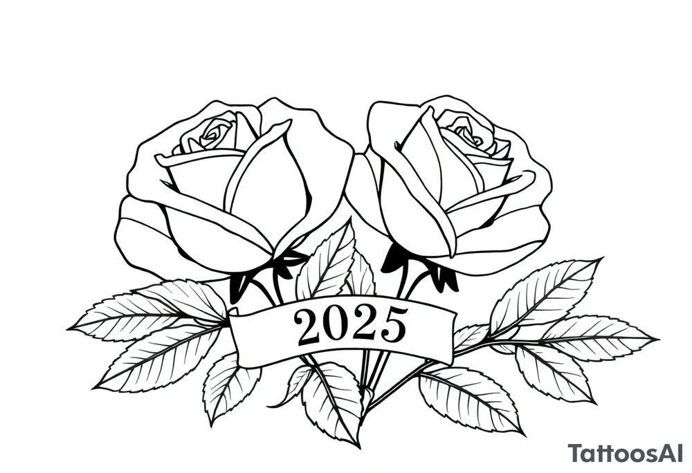 two beautiful large rose buds, one larger than the other, with many leaves next to the rose buds, with one sitting higher than the other. Include a banner connecting the two roses with the year "2025" on it.   Use dark outlines with little shading. The two stems should be short, not long, and connect and join into one stem, whimsically curved or twisted - not straight down. tattoo idea