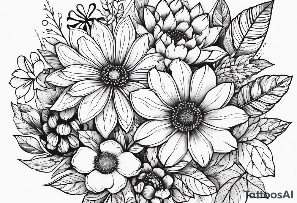 Symbolic shadowed black drawings on the background of different colored flowers tattoo idea