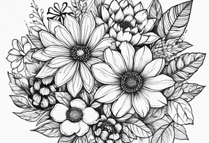 Symbolic shadowed black drawings on the background of different colored flowers tattoo idea