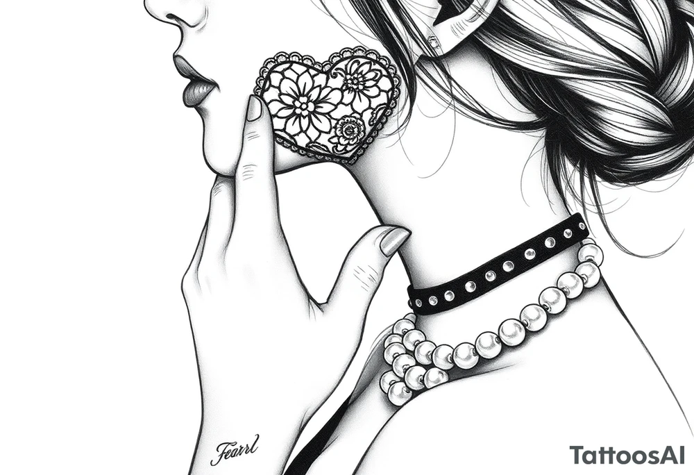 Black and white profile of woman with chin pressed on hand, lace covering  her eyes as and pearl necklace biting pearls sexy tattoo idea