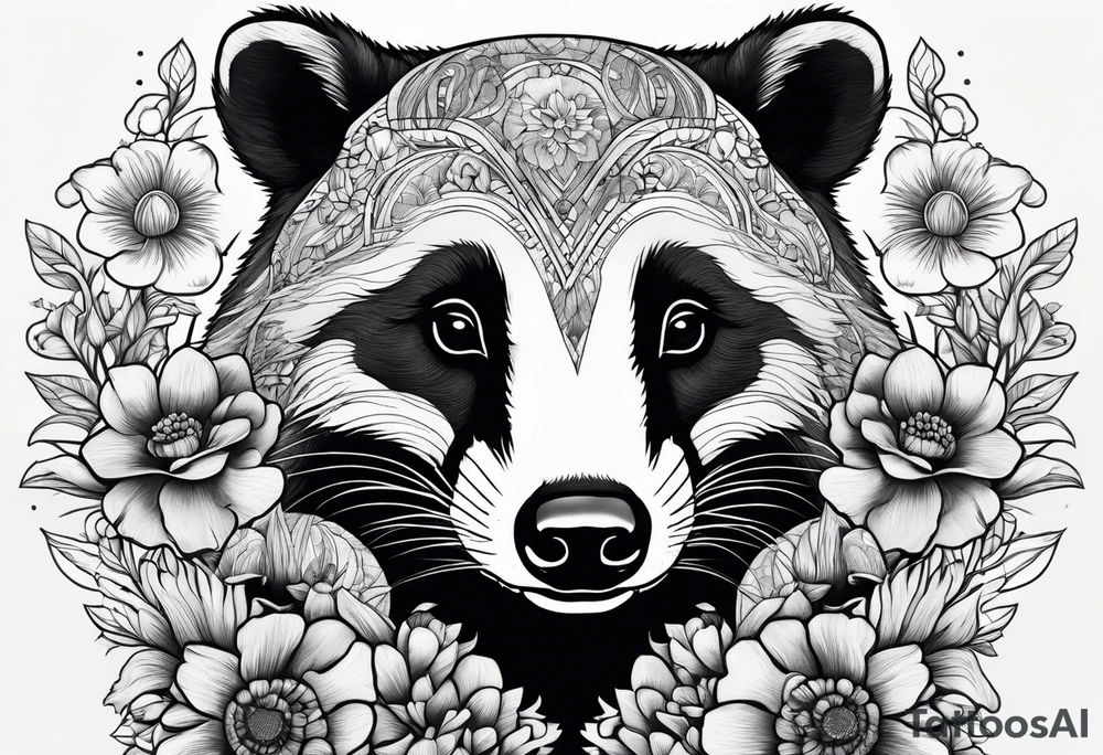 Trippy, badger with a cub in a field of flowers tattoo idea