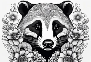 Trippy, badger with a cub in a field of flowers tattoo idea