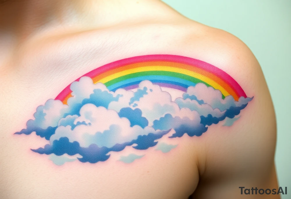 A vibrant rainbow stretching across a cloudy sky, with soft pastel gradients, symbolizing hope after a storm tattoo idea