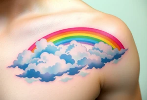 A vibrant rainbow stretching across a cloudy sky, with soft pastel gradients, symbolizing hope after a storm tattoo idea