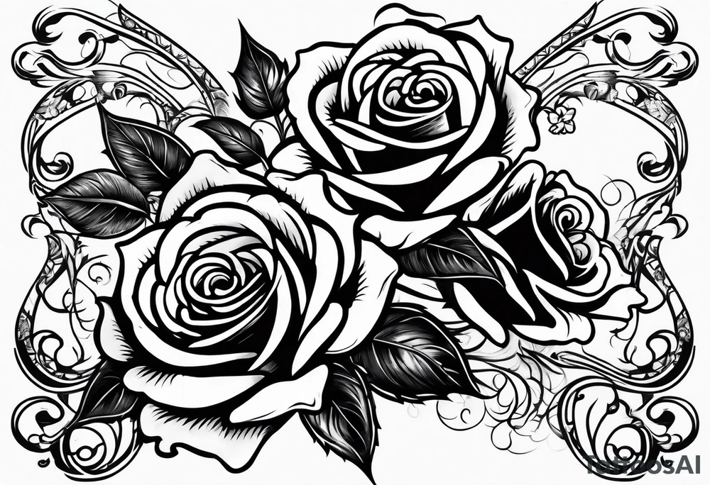 4 roses with a banner full back calf tattoo idea