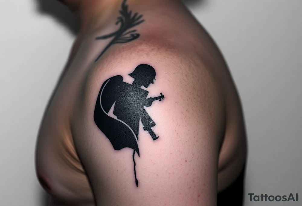 Minimalist covert operative symbolism representing loyalty and survival, faceless soldier silhouette emerging from darkness, torn fabric, subtle scars, controlled posture, black and grey realism, emotional restraint, understated strength, tattoo sleeve element. tattoo idea