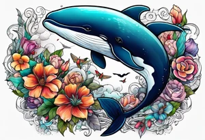 flowers, collage, whale and hummingbird tattoo idea