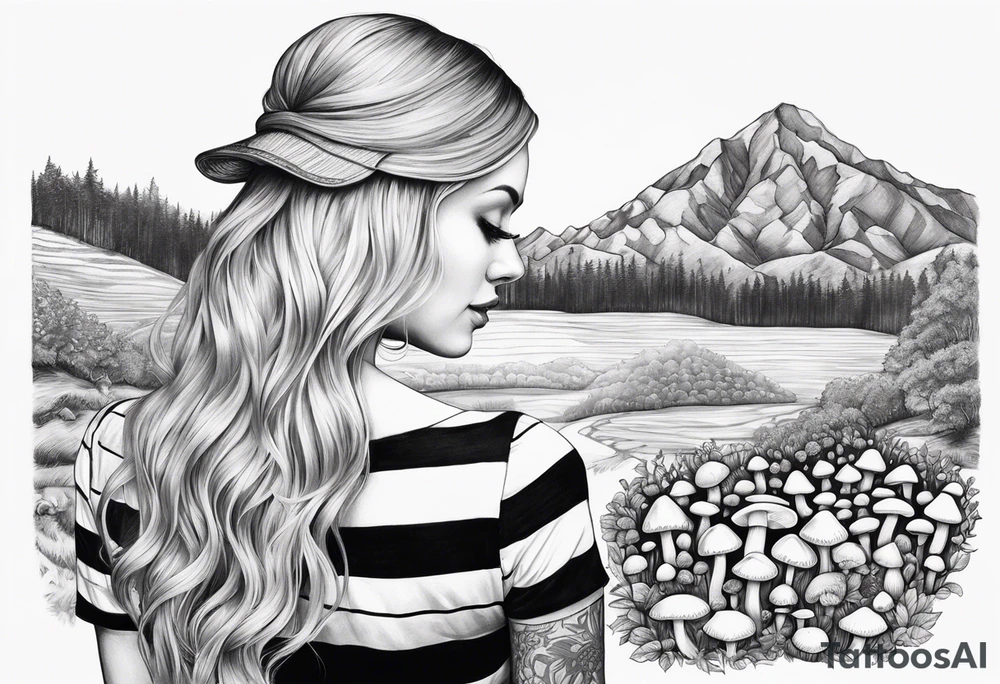 Straight long blonde hair girl holding mushrooms in hand facing away toward mountains surrounded by mushrooms black and white striped dress tattoo idea