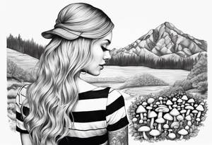 Straight long blonde hair girl holding mushrooms in hand facing away toward mountains surrounded by mushrooms black and white striped dress tattoo idea