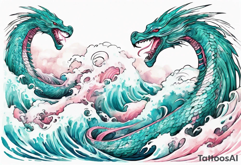 a turquoise and white and pink feathered sea serpent emerging from the stormy sea, pretty tattoo idea