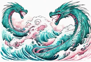 a turquoise and white and pink feathered sea serpent emerging from the stormy sea, pretty tattoo idea