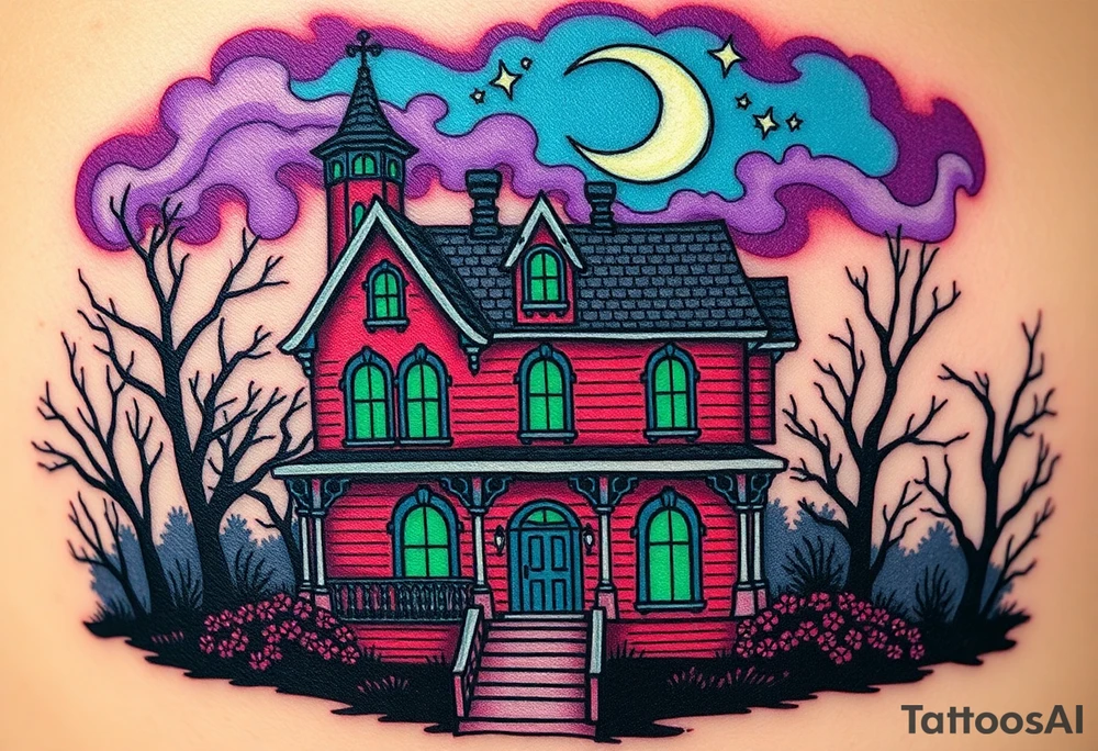 Tim Burton’s haunted victorian home is abandoned and dripping with muted reds, dusty pinks, and eerie green glow.purple and cyan smokey clouds swirl in the crescent moonlit sky thats sprinkled with stars tattoo idea tattoo idea
