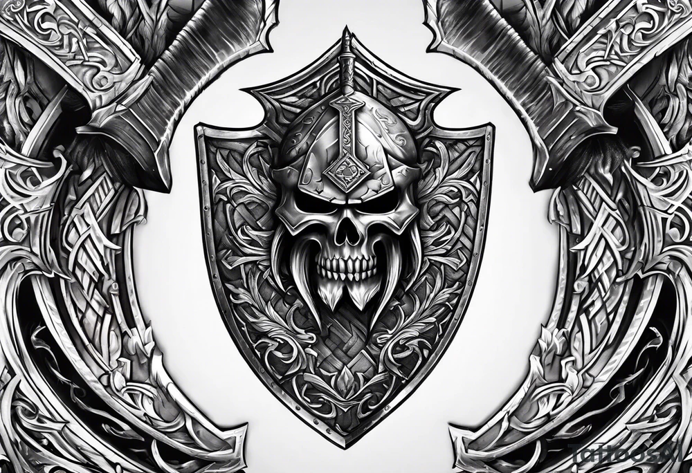Valhalla sword shield axe mist tattoo idea