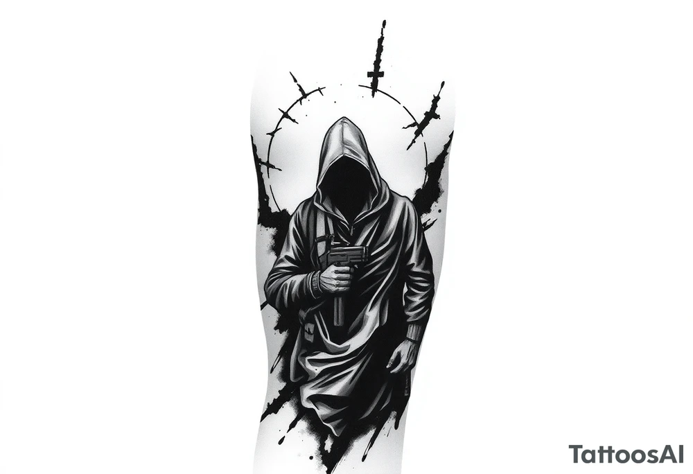 Minimalist covert operative symbolism representing loyalty and survival, faceless soldier silhouette emerging from darkness, torn fabric, subtle scars, controlled posture, black and grey realism, emotional restraint, understated strength, tattoo sleeve element. tattoo idea