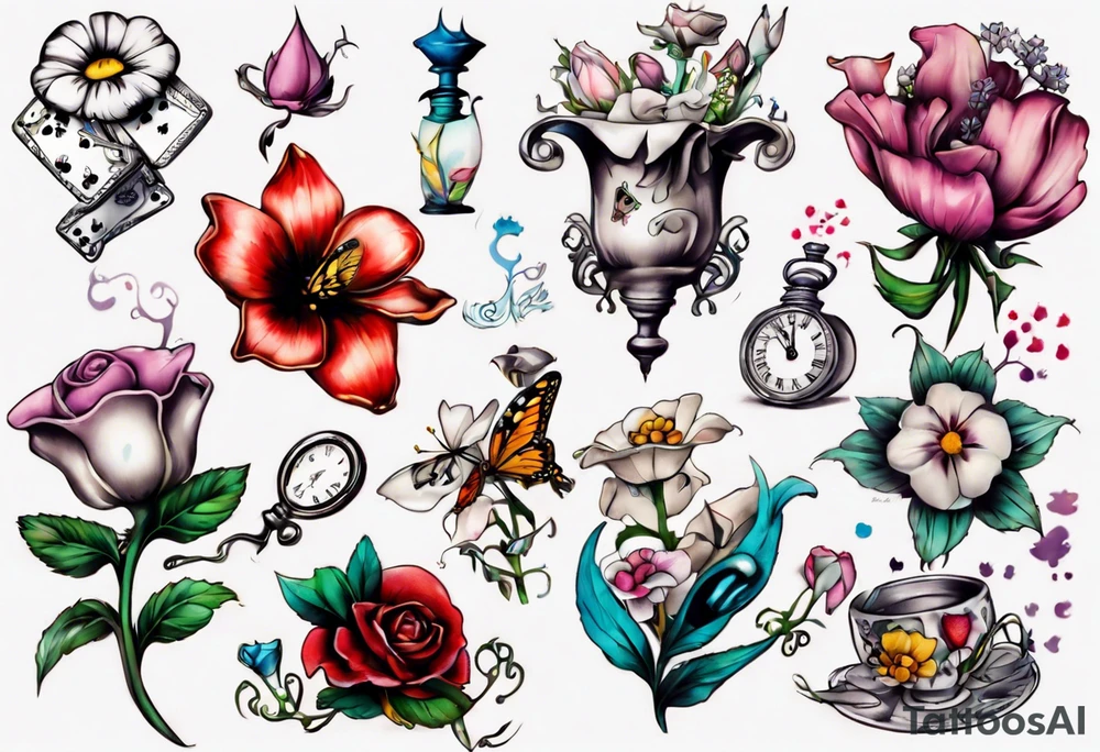 small Alice in wonderland flowers tattoo idea