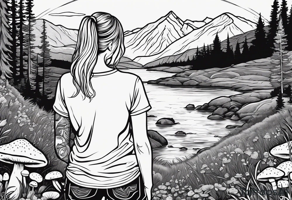 Whole picture within a circle Straight long blonde hair hippie girl in distance holding mushrooms in hand facing away toward mountains and creek surrounded by mushrooms tee shirt hiking pants hiking boots tattoo idea
