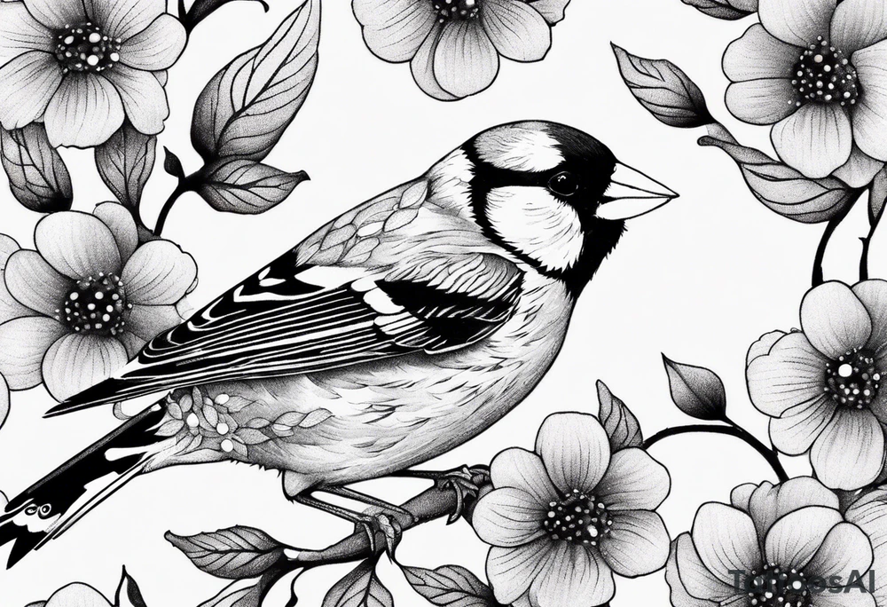 Generate a tattoo design of a goldfinch surrounded by delicate vines, emphasizing its bright colors and playful nature tattoo idea